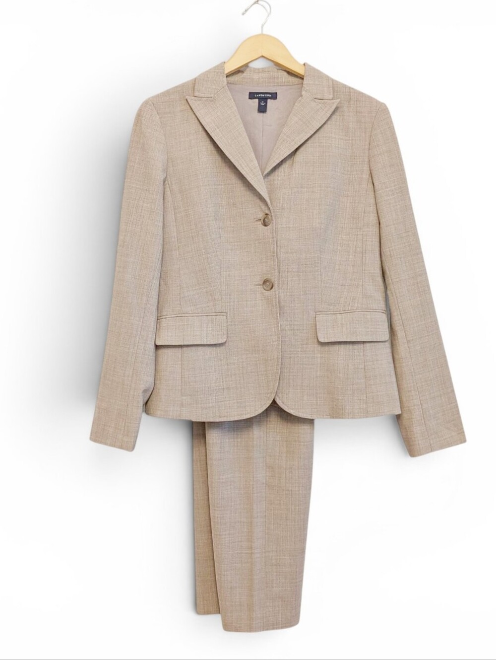VINTAGE Classic Suit Travel Blazer Slacks Pantsuit Tailored Lapel Tan Grey 10